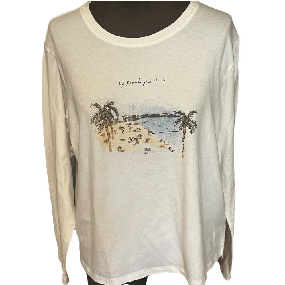Karen Kane Women's Graphic M T-Shirt Long Sleeve Slit Side Lightweight White